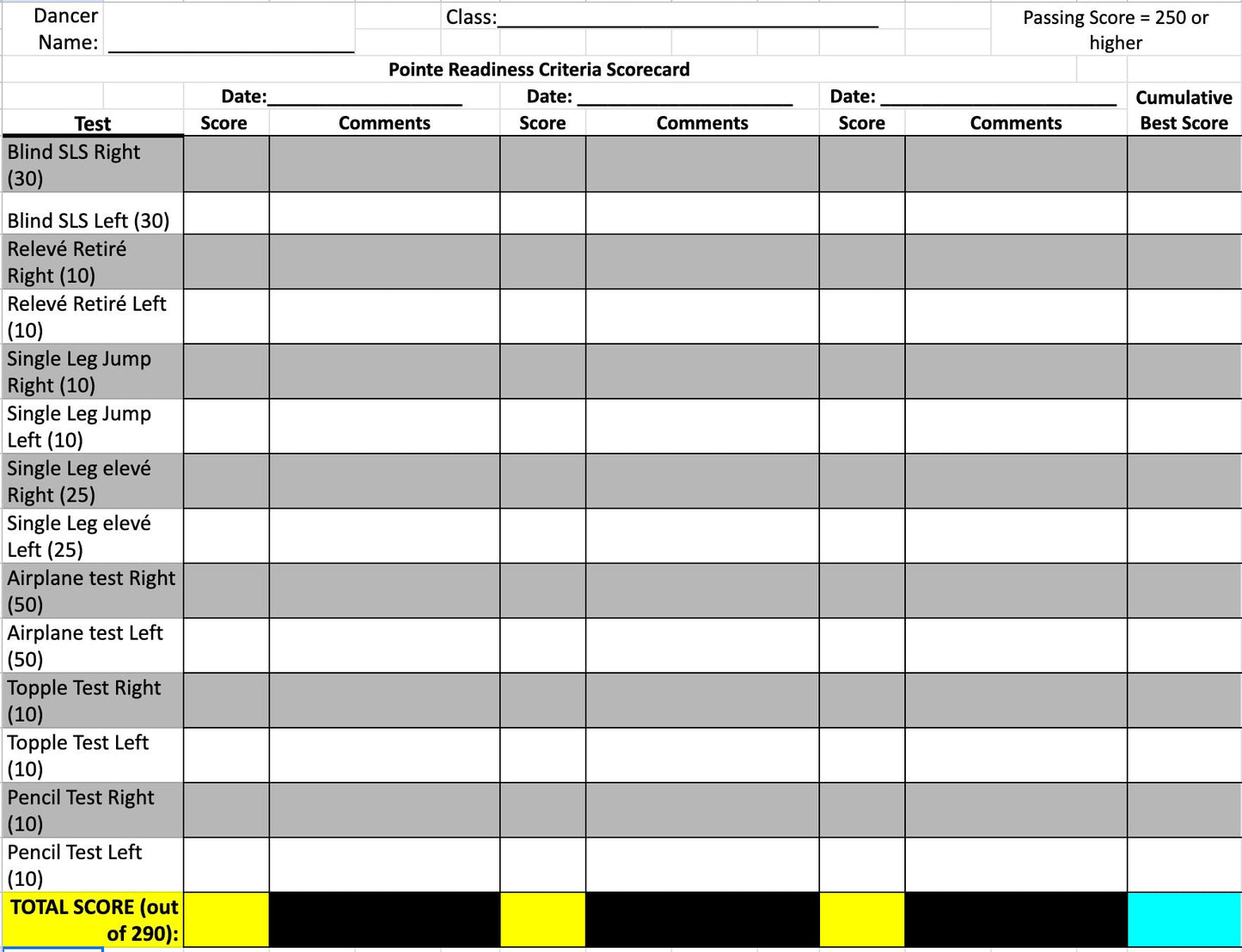 Ballet Pointe Readiness Assessment- Instructor Score Card, Take-Home Report Card for Students, Exercises and Criteria (Editable Sheet)